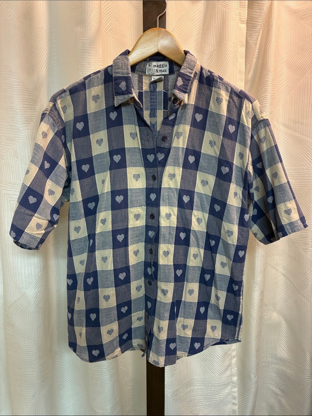 Maggie & Max Navy and Cream Heart-Check Short Sleeve Button-Down